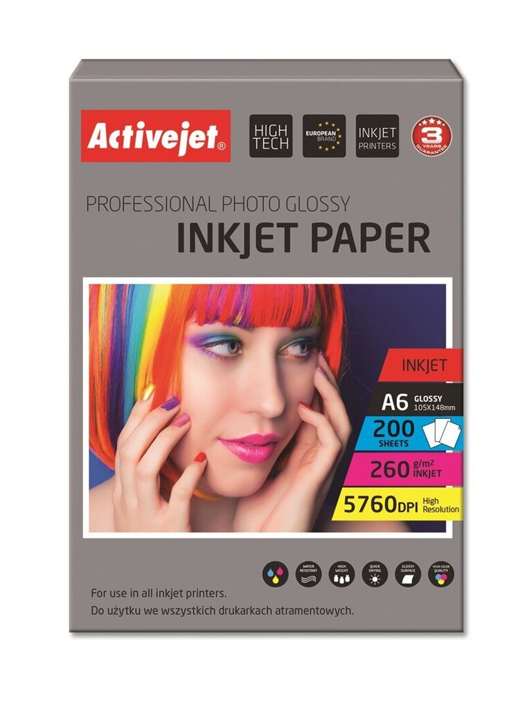 Activejet AP6-260GR200 fotopapīrs tintes printeriem; A6; 200 gab cena un informācija | Kancelejas preces | 220.lv