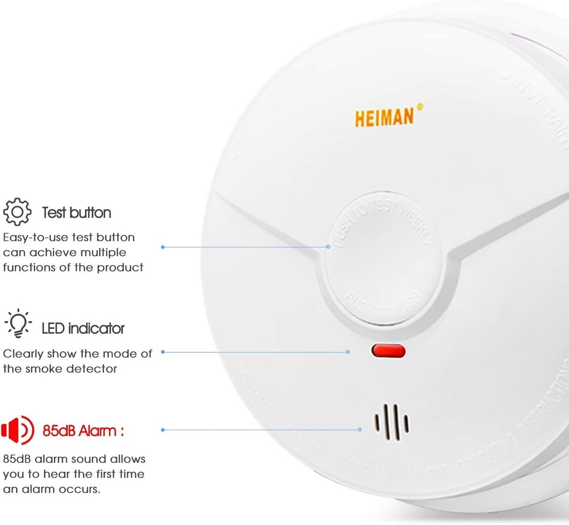 HEIMAN dūmu detektors, EN14604, 3 gab. cena un informācija | Gāzes, dūmu detektori | 220.lv