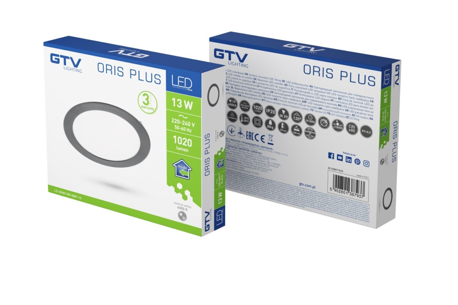 GTV LED lampa ORIS PLUS Ø168mm melna, padziļināta 4000K, 1020lm LD-ORW13W-NBP-10 цена и информация | Iebūvējamās lampas, LED paneļi | 220.lv