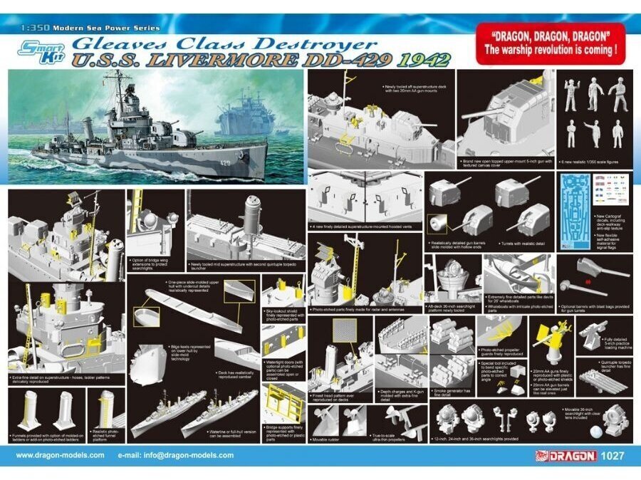 Konstruktors Dragon - Gleaves Class Destroyer USS Livermore DD-429 (1942), 1/350, 1027 цена и информация | Konstruktori | 220.lv