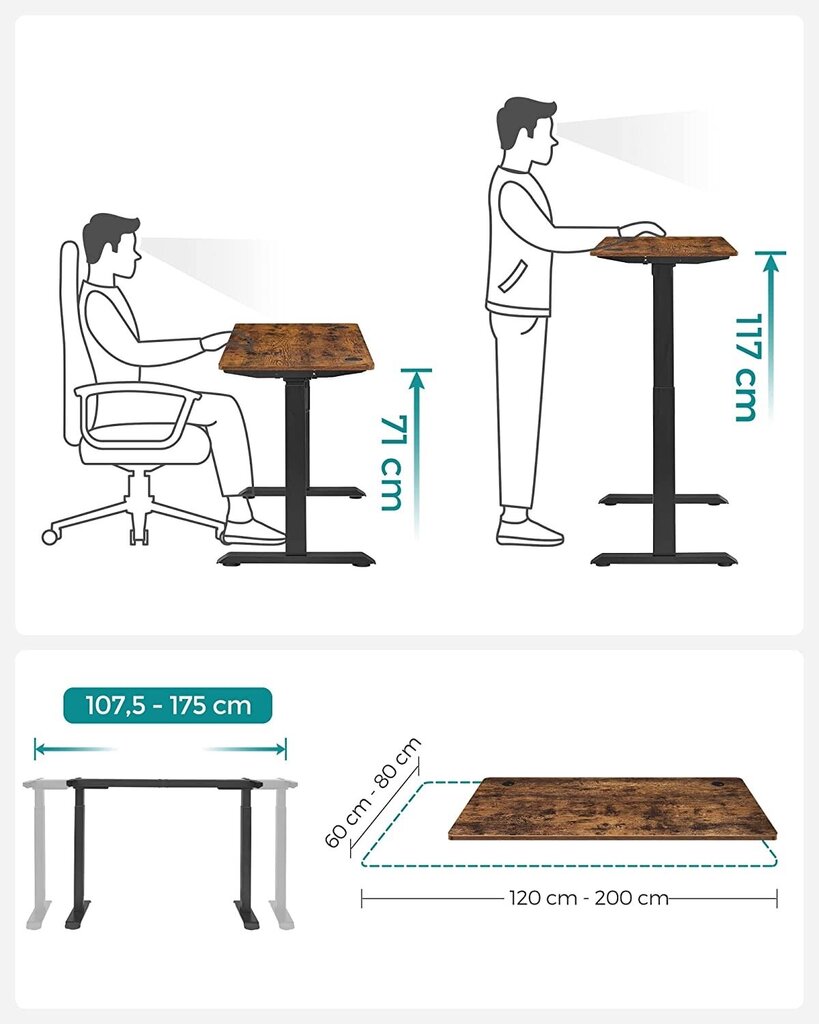 Songmics elektriskais regulējams rakstāmgalds, 60x120 cm, brūns/ melns cena un informācija | Datorgaldi, rakstāmgaldi, biroja galdi | 220.lv