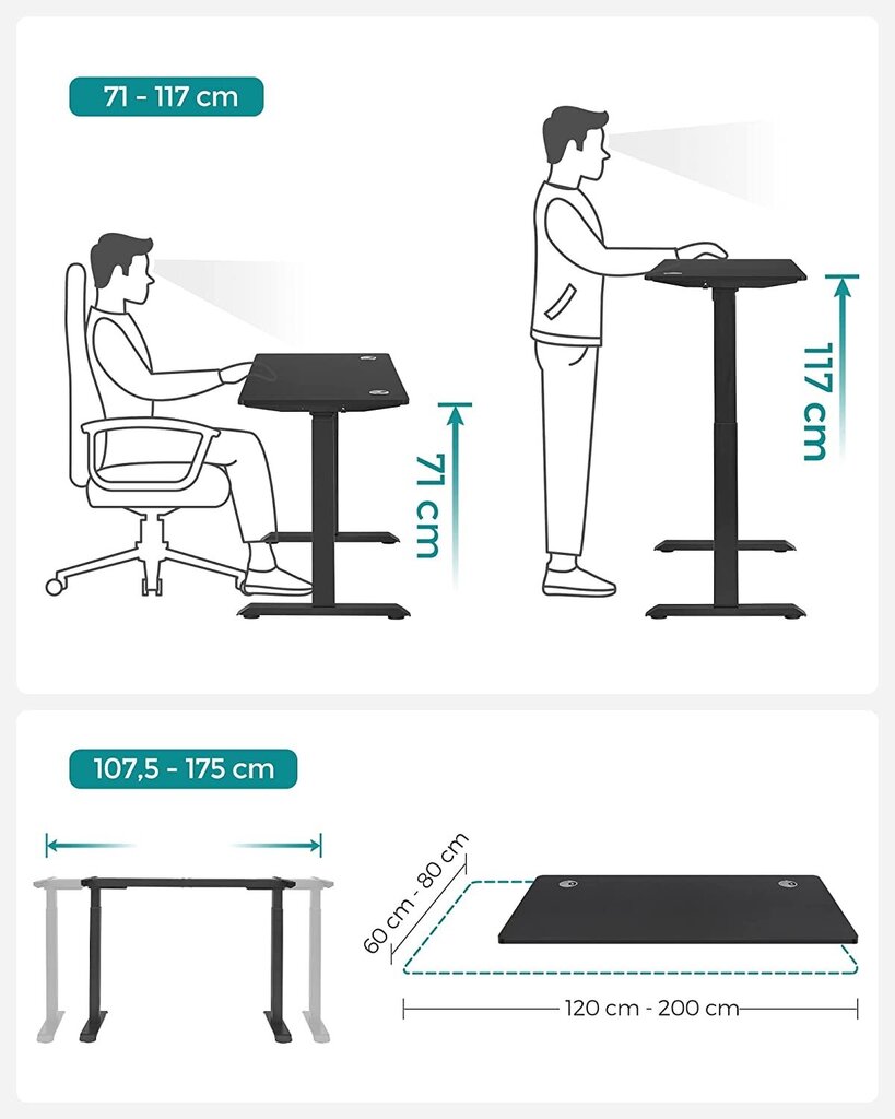 Songmics elektriskais regulējama augstuma galds, 60x120 cm, melns cena un informācija | Datorgaldi, rakstāmgaldi, biroja galdi | 220.lv