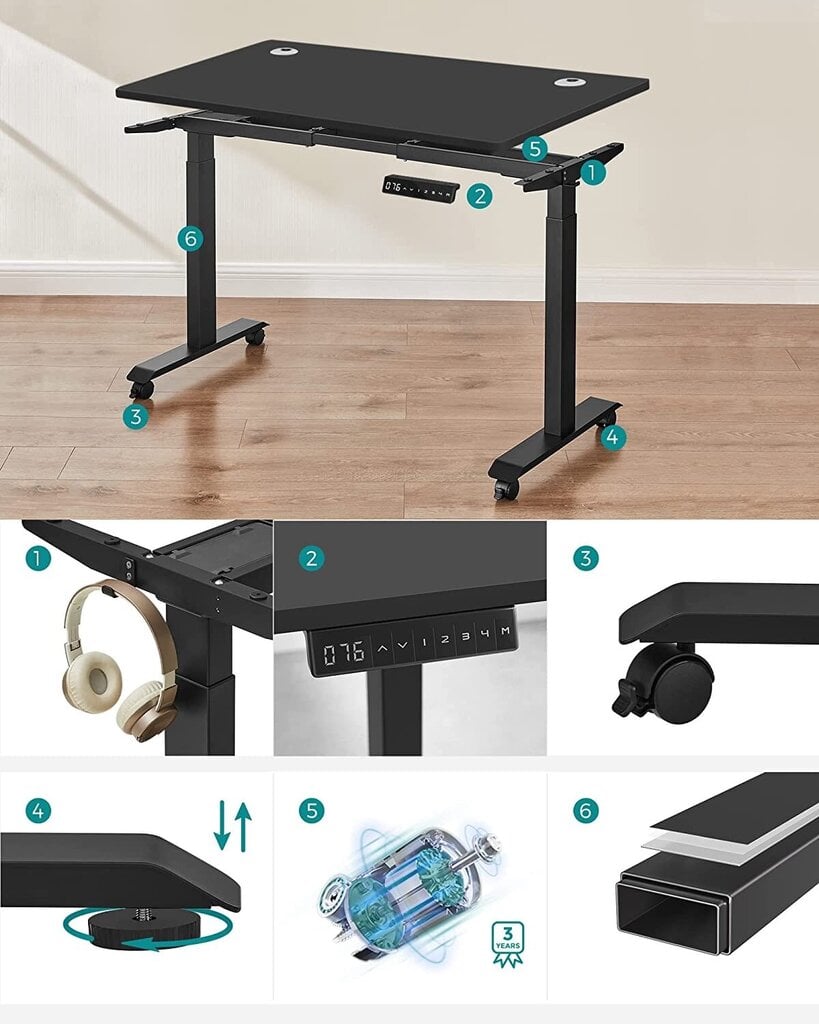 Songmics elektriskais regulējama augstuma galds, 60x120 cm, melns цена и информация | Datorgaldi, rakstāmgaldi, biroja galdi | 220.lv