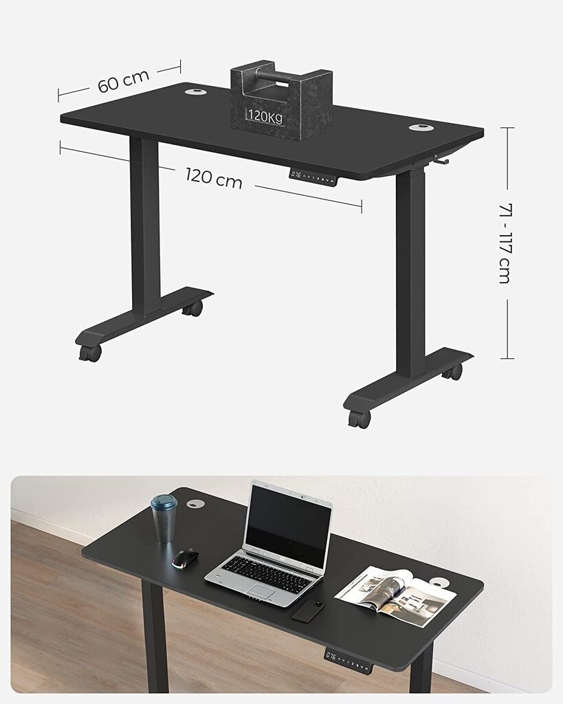 Songmics elektriskais regulējama augstuma galds, 60x120 cm, melns cena un informācija | Datorgaldi, rakstāmgaldi, biroja galdi | 220.lv