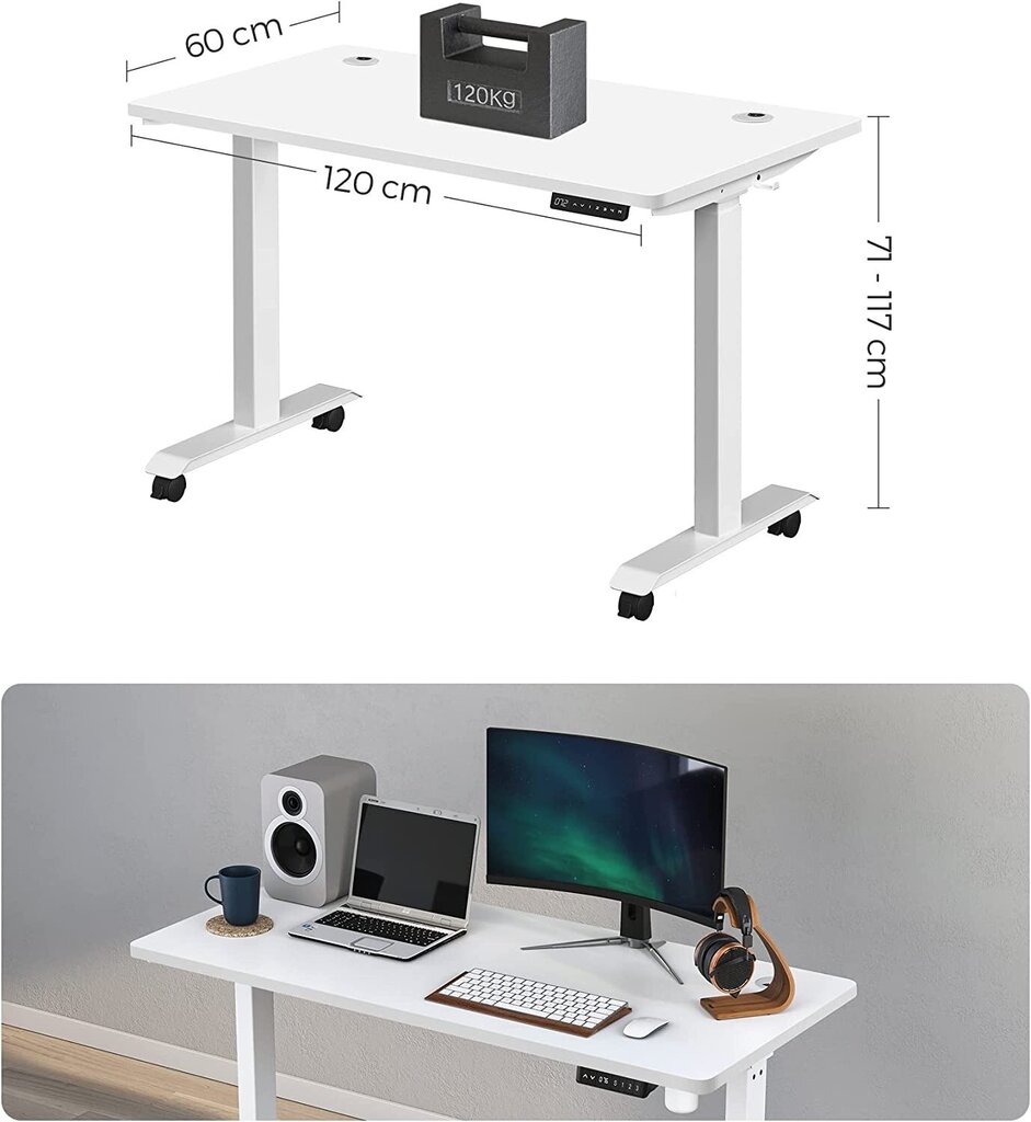 Elektriskais regulējama augstuma rakstāmgalds Songmics, 140 x 70, balts cena un informācija | Datorgaldi, rakstāmgaldi, biroja galdi | 220.lv