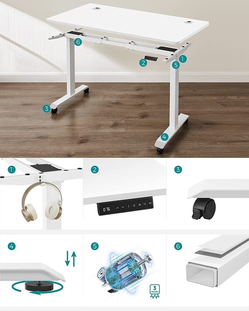 Elektriskais regulējama augstuma rakstāmgalds Songmics, 140 x 70, balts cena un informācija | Datorgaldi, rakstāmgaldi, biroja galdi | 220.lv