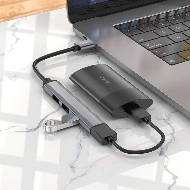 USB centrmezgls Hoco HB26 4-in-1 adapter USB-A to 1xUSB3.0 + 3xUSB2.0 pelēks cena un informācija | Adapteri un USB centrmezgli | 220.lv