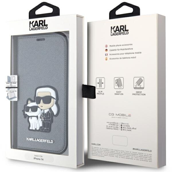 Karl Lagerfeld KLBKP14SSANKCPG iPhone 14 6.1" bookcase srebrny|silver Saffiano Karl & Choupette cena un informācija | Telefonu vāciņi, maciņi | 220.lv