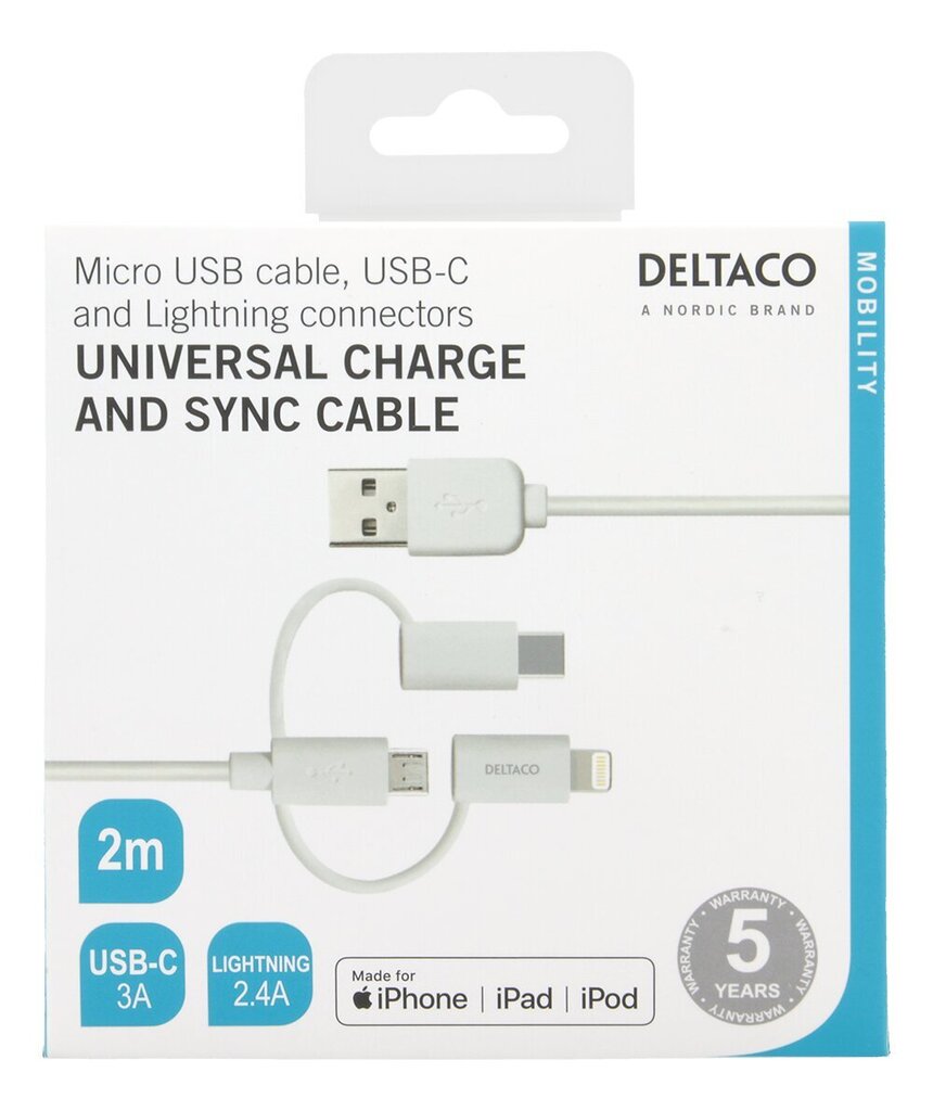 Deltaco IPLH-181 Micro USB/USB-C/Lightning, 2m cena un informācija | Savienotājkabeļi | 220.lv