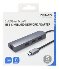 Встраиваемый концентратор Deltaco USBC-1294 USB-C, RJ45, 3xUSB-A 3.0 цена и информация | Адаптеры и USB разветвители | 220.lv