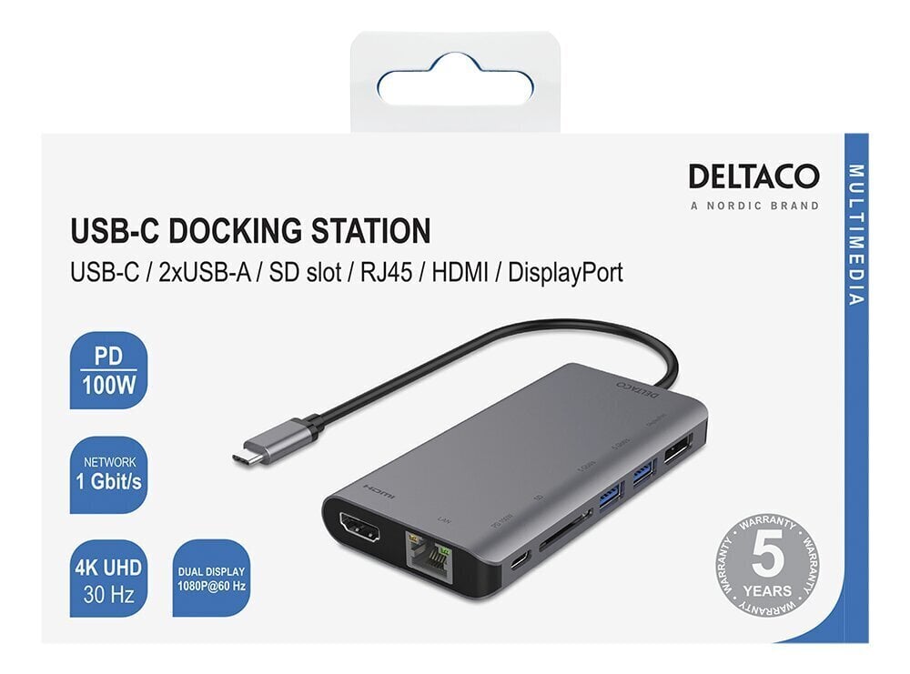 Sadalītājs Deltaco USBC-HDMI19 USB-C/HDMI/DisplayPort/USB/RJ45/SD цена и информация | Adapteri un USB centrmezgli | 220.lv