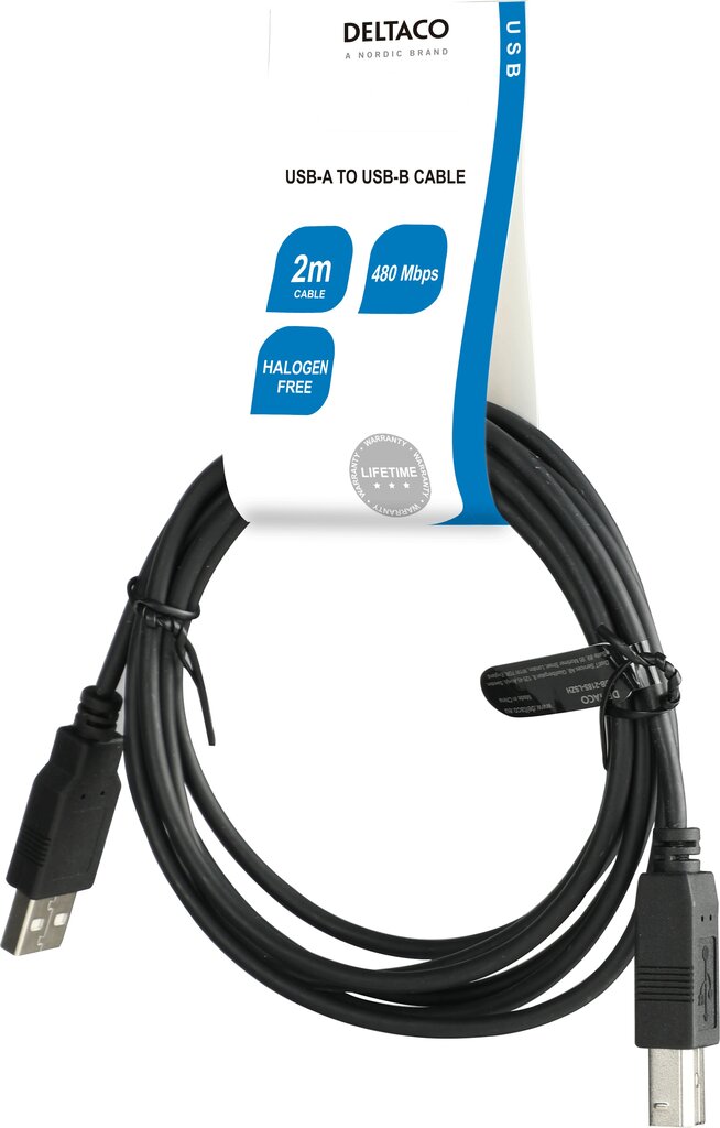 USB 2.0 kabelis DELTACO USB-A male - USB-B male, LSZH, 2m, melns / USB-218S-LSZH цена и информация | Kabeļi un vadi | 220.lv