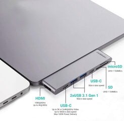 HomeSpot USB centrmezgls MacBook Pro 2016/2017, USB-C, HDMI, SD/Micro, USB-A, pelēks cena un informācija | Adapteri un USB centrmezgli | 220.lv