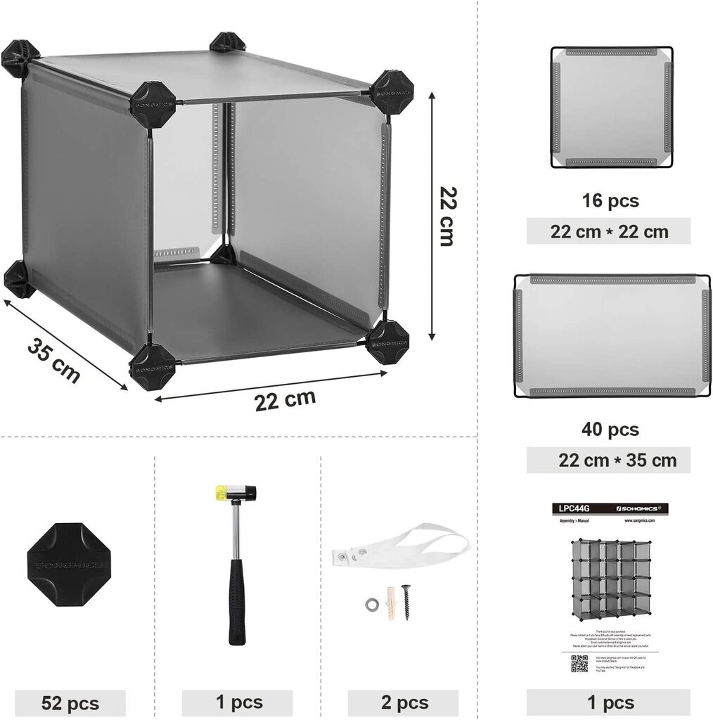 SONGMICS LPC44G apavu plaukts, modulārais plaukts, pelēks, 22 x 35 x 22 cm, 15 gab. cena un informācija | Apavu skapji, apavu plaukti, priekšnama soliņi | 220.lv