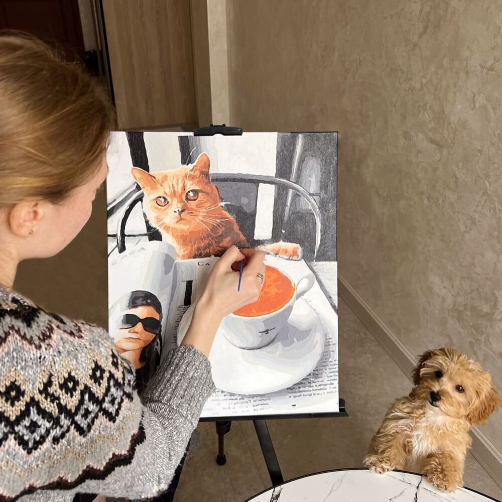 Glezna pēc numuriem 40x50 cm. Gleznošanas komplekts - Izkrāso pēc cipariem "Cat with cappuccino" cena un informācija | Gleznas pēc numuriem | 220.lv