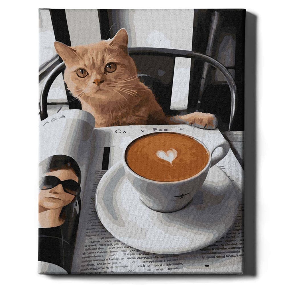 Glezna pēc numuriem 40x50 cm. Gleznošanas komplekts - Izkrāso pēc cipariem "Cat with cappuccino" cena un informācija | Gleznas pēc numuriem | 220.lv