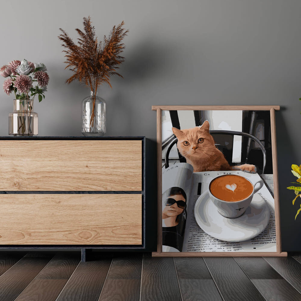 Glezna pēc numuriem 40x50 cm. Gleznošanas komplekts - Izkrāso pēc cipariem "Cat with cappuccino" cena un informācija | Gleznas pēc numuriem | 220.lv