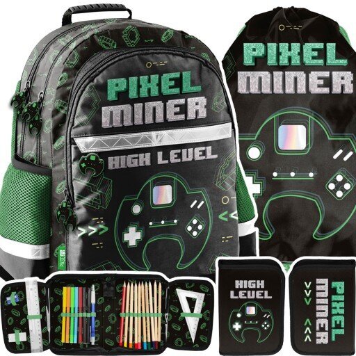 Skolas mugursomas komplekts Paso, Pixel Miner, 22L цена и информация | Skolas somas | 220.lv