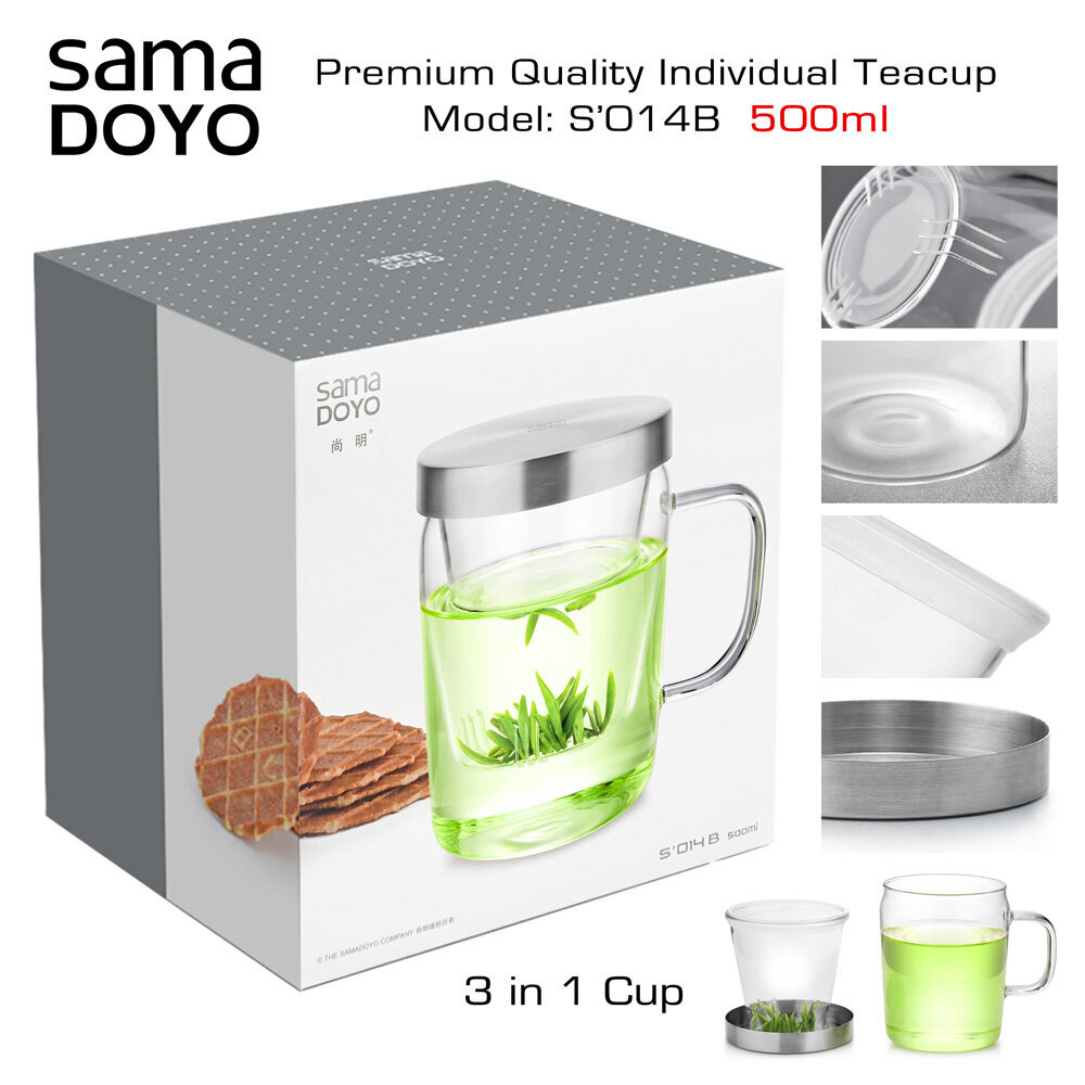 SAMADOYO Premium klases tējas krūze ar stikla filtru 3in1, S014B, Premium Quality Teacup 3in1, 500 ml cena un informācija | Glāzes, krūzes, karafes | 220.lv