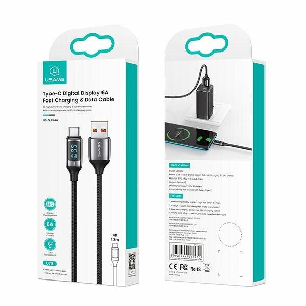 USAMS cable U78 USB-C 1.2m LED 6A Fast Charging |black SJ544USB01 (US-SJ544) cena un informācija | Savienotājkabeļi | 220.lv