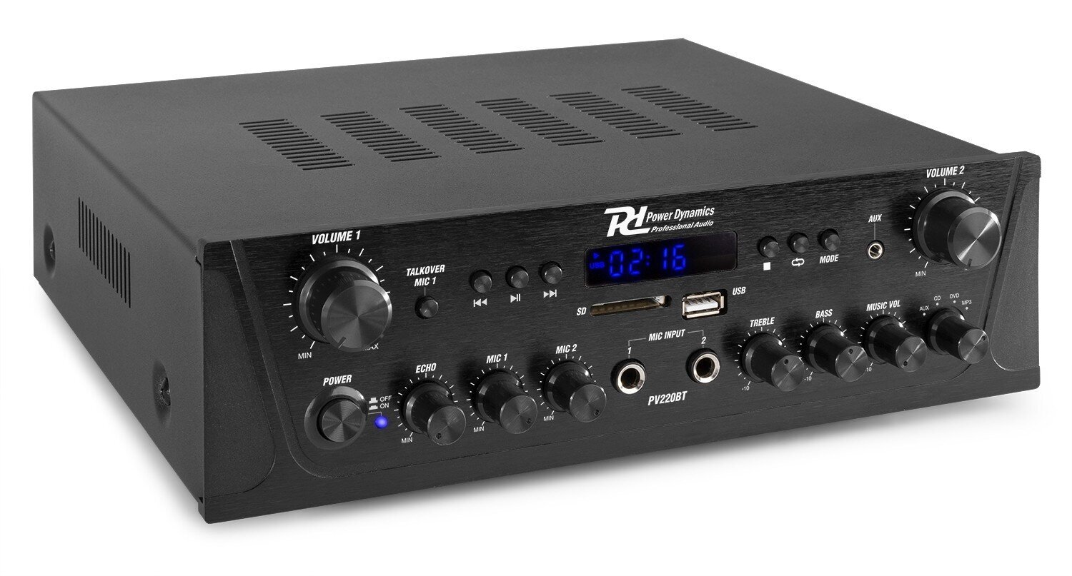 Komplekts: Power Dynamics PV220BT audio pastiprinātāju sistēma (100 W) un Power Dynamics BGO30 skaļruņu komplekts, 3 collu, 120 W, melns — 4 skaļruņi цена и информация | Mājas akustika, Sound Bar sistēmas | 220.lv