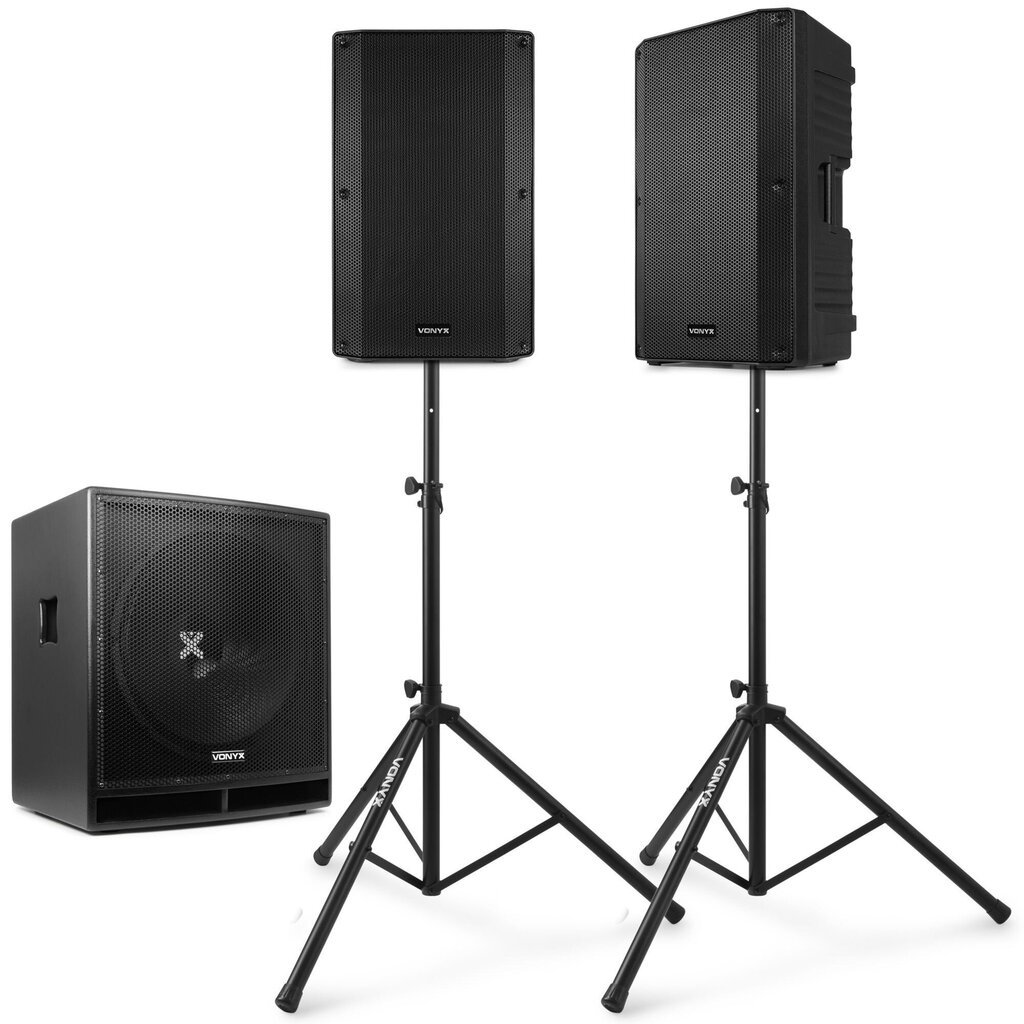 Akustiskā sistēma 2.1 3200W: VONYX VSA12 aktīvais skaļrunis 12" 800W - 2 gab. + VONYX SWP15 PRO aktīvais sabvūferis 15" / 800W + statīvi ar somu un PD-Connex vads 6m - 2 gab. cena un informācija | Mājas akustika, Sound Bar sistēmas | 220.lv