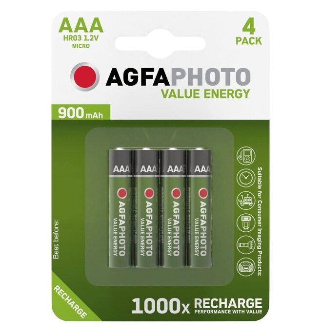 Uzlādējamās baterijas AgfaPhoto AAA 900mAh, 4 gab. cena un informācija | Baterijas | 220.lv