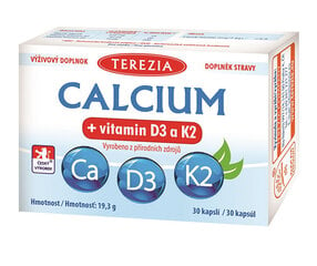 Uztura bagātinātājs Calcium + Vitamins D3 And K2, Terezia, 30 kaps. cena un informācija | Vitamīni, preparāti, uztura bagātinātāji labsajūtai | 220.lv