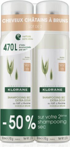Sausais šampūns brūniem matiem Klorane Oatmeal Dry Shampoo For Brown Hair, 2x150 ml cena un informācija | Šampūni | 220.lv
