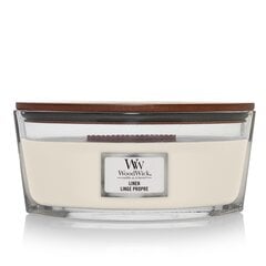 WoodWick aromātiska svece Linen Elipsa, 453,6 g cena un informācija | Sveces un svečturi | 220.lv