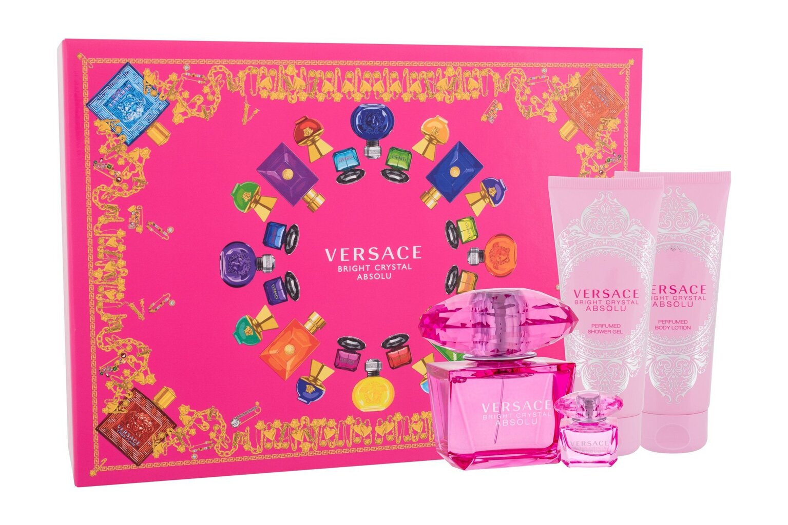 Versace Bright Crystal Absolukomplekts: parfimērijas ūdens EDP, 90 ml + ķermeņa losjons, 100 ml + dušas želeja, 100 ml + EDP, 5 ml cena un informācija | Sieviešu smaržas | 220.lv