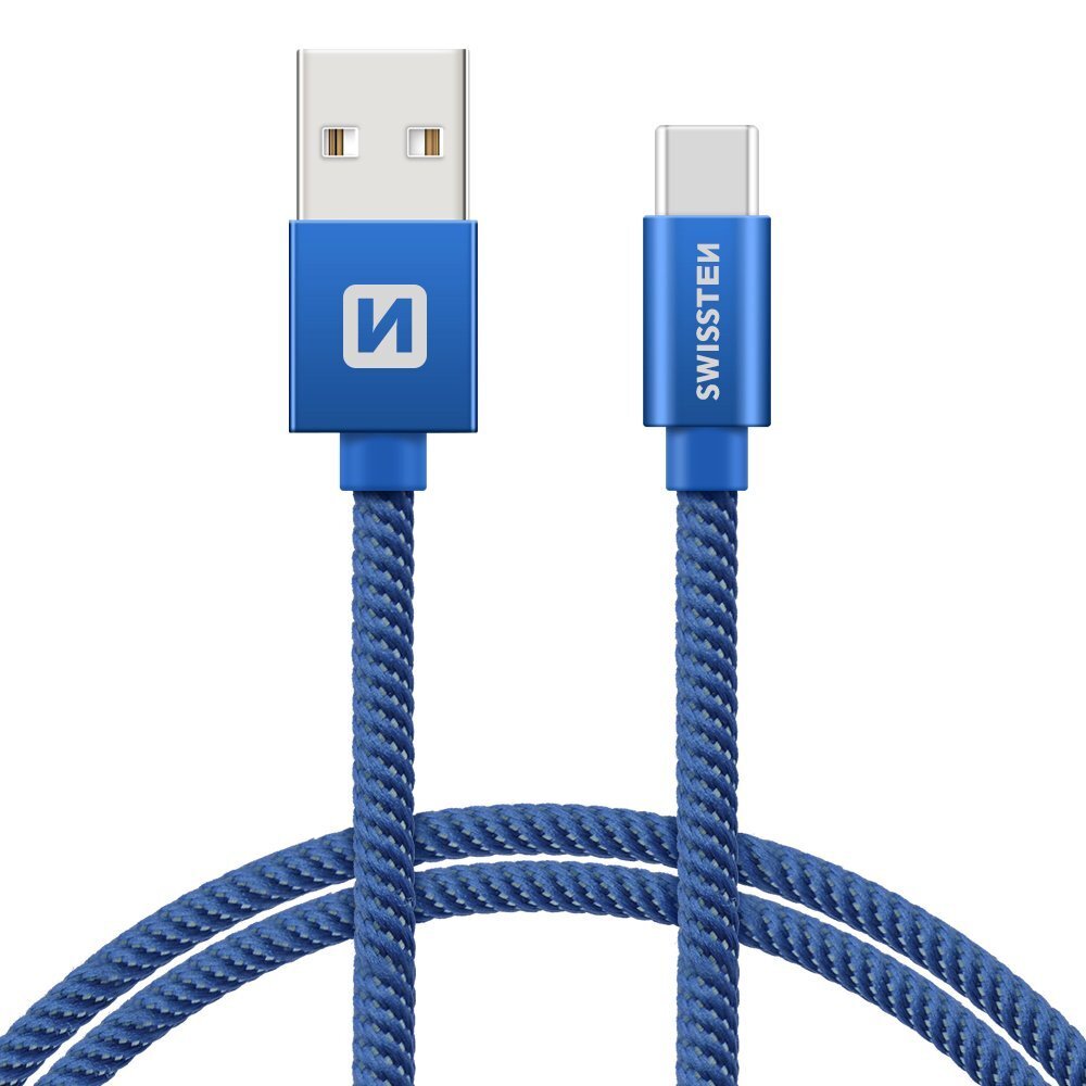Swissten Textile Universāls Quick Charge 3.1 USB-C Datu un Uzlādes Kabelis 2m Zils cena un informācija | Savienotājkabeļi | 220.lv