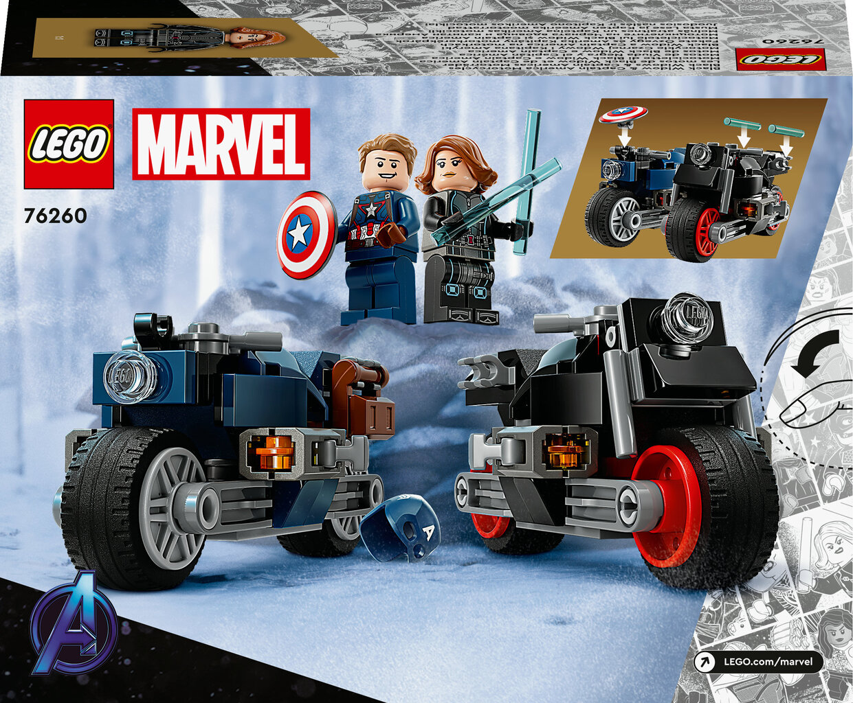 76260 LEGO® Marvel Melnās atraitnes un Kapteiņa Amerikas motocikli cena un informācija | Konstruktori | 220.lv