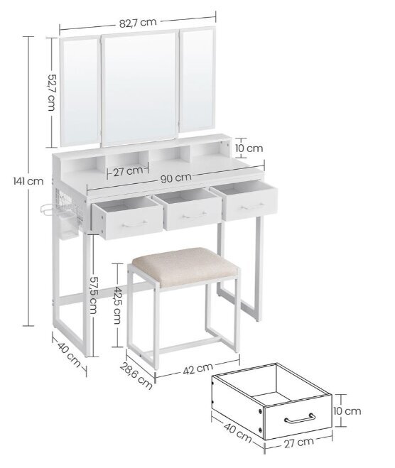 Galds ar atvilktnēm, krēsls, spogulis 40 x 90 x 141 cm balts cena un informācija | Kosmētikas galdiņi | 220.lv