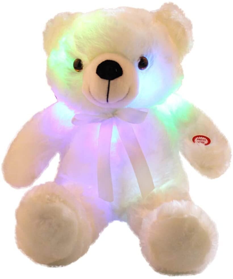 Lācītis baltā krāsā ar krāsainām LED krāsām cena un informācija | Mīkstās (plīša) rotaļlietas | 220.lv