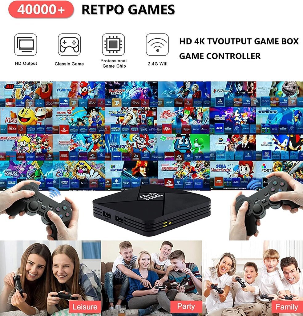 HappyJoe G5 4K bezvadu TV spēļu konsole, 64 GB, 40000+ spēļu, atbalsta Playstation/GameBoy/Nintento64, Android TV cena un informācija | Spēļu konsoles | 220.lv