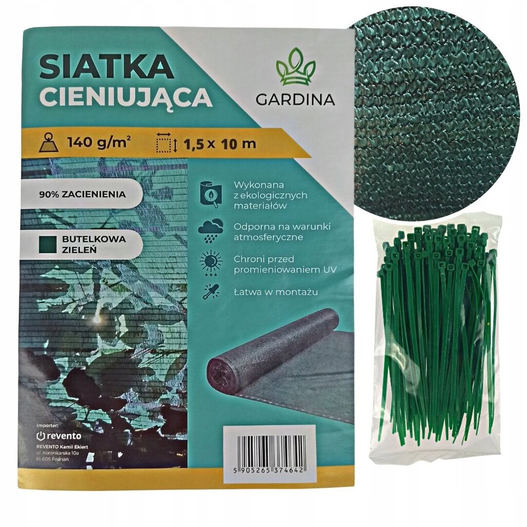 Aizēnošanas tīkls Gardina 90%, 1,5 x 10 m + 100 stiprinājuma siksnas cena un informācija | Dārza instrumenti | 220.lv