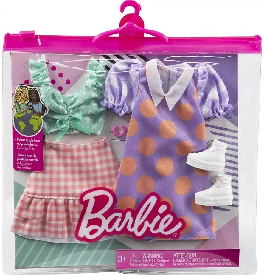 Mattel Barbie Fashions: комплект одежды из 2 упаковок, блузка в горошек,  юбка в клетку, платье с воротником, сапоги с браслетом (HBV70) цена | 220.lv