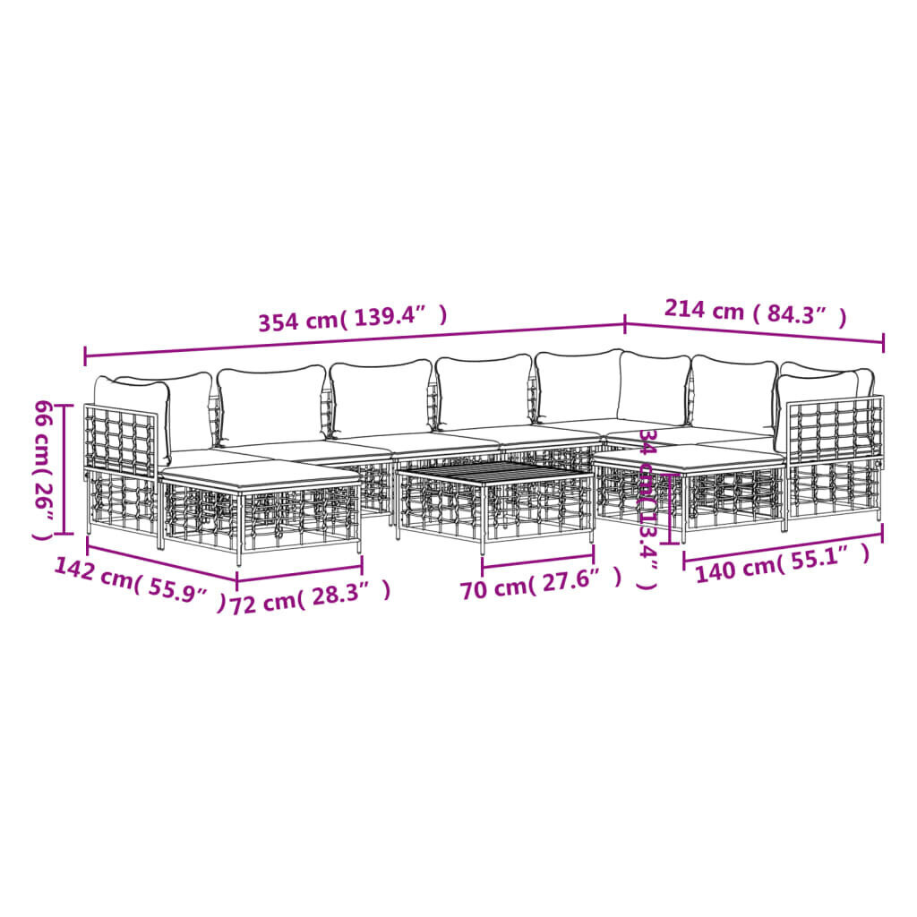 vidaXL 10-daļīgs dārza mēbeļu komplekts ar matračiem, PE rotangpalma cena un informācija | Dārza mēbeļu komplekti | 220.lv
