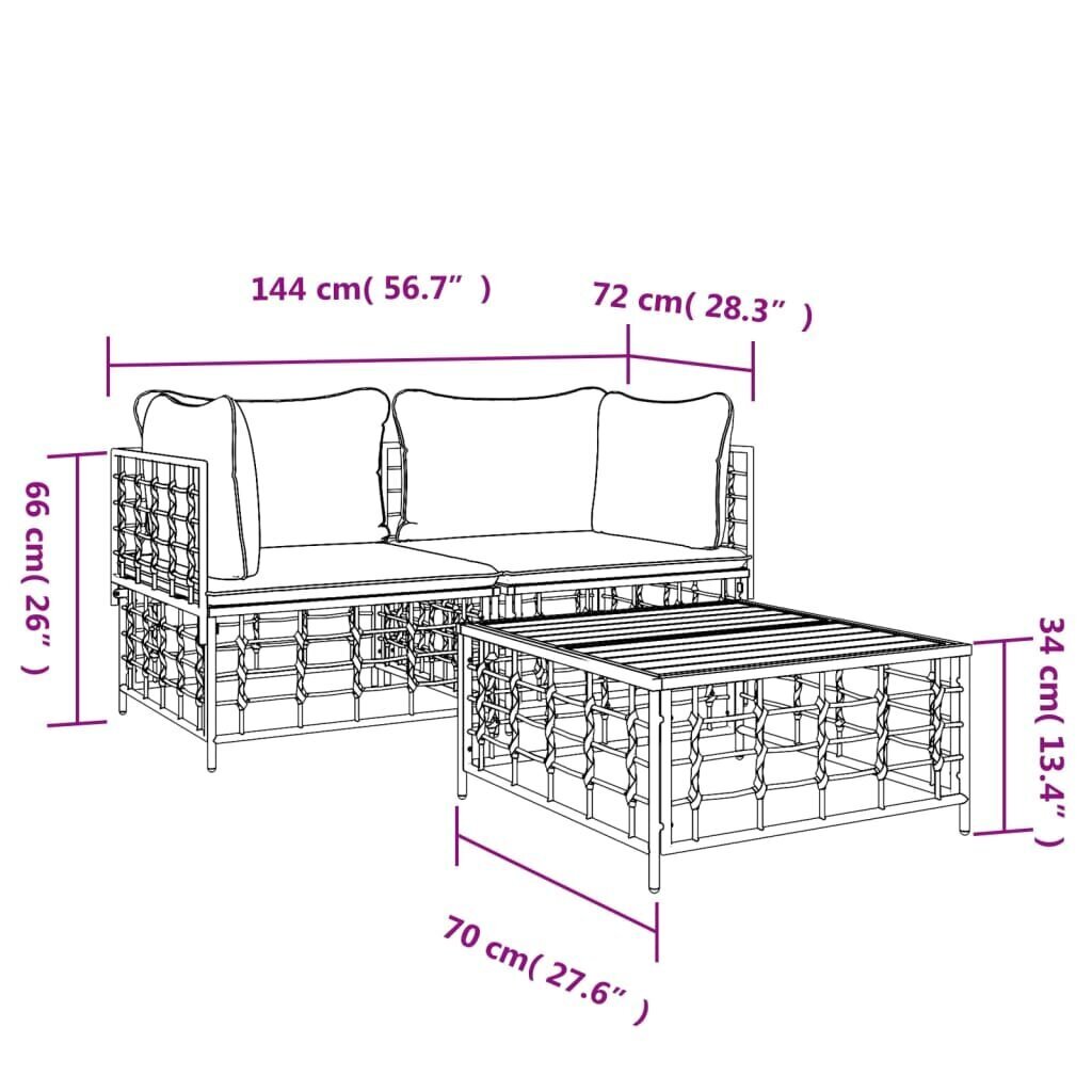 vidaXL 3-daļīgs dārza mēbeļu komplekts ar matračiem, PE rotangpalma cena un informācija | Dārza mēbeļu komplekti | 220.lv
