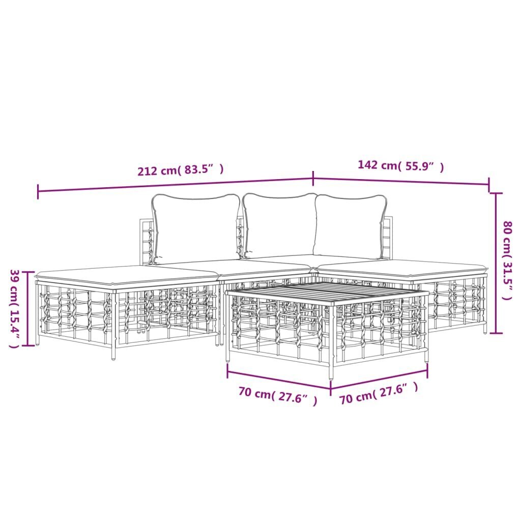 vidaXL 5-daļīgs dārza mēbeļu komplekts ar matračiem, PE rotangpalma cena un informācija | Dārza mēbeļu komplekti | 220.lv