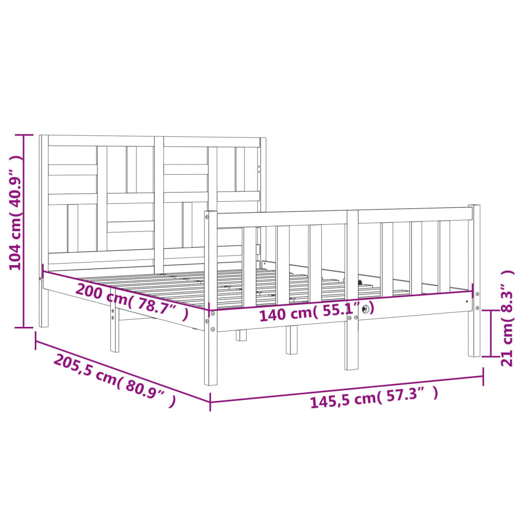 vidaXL gultas rāmis ar galvgali, 140x200 cm, masīvkoks cena un informācija | Gultas | 220.lv