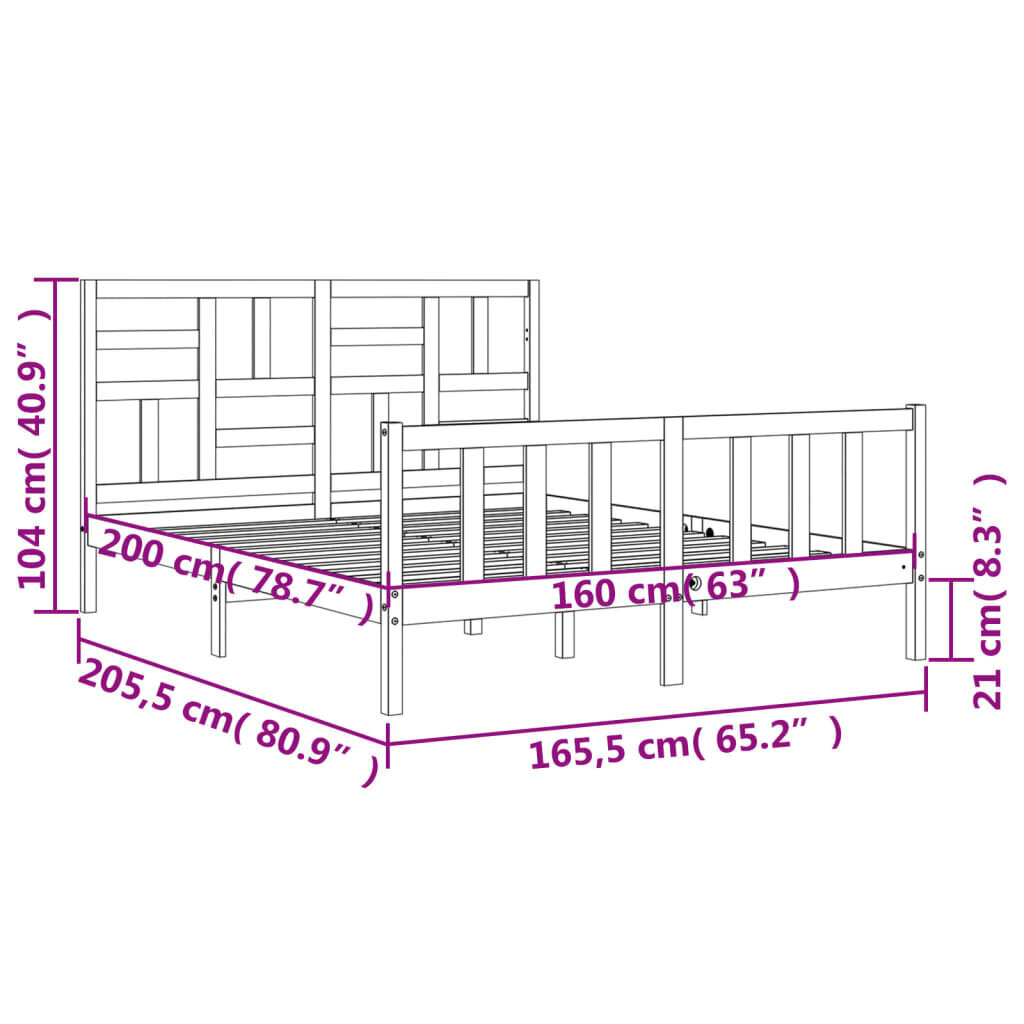 vidaXL gultas rāmis ar galvgali, 160x200 cm, masīvkoks, balts cena un informācija | Gultas | 220.lv