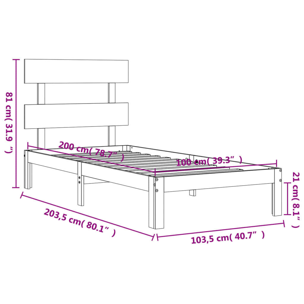 vidaXL gultas rāmis ar galvgali, 100x200 cm, masīvkoks cena un informācija | Gultas | 220.lv