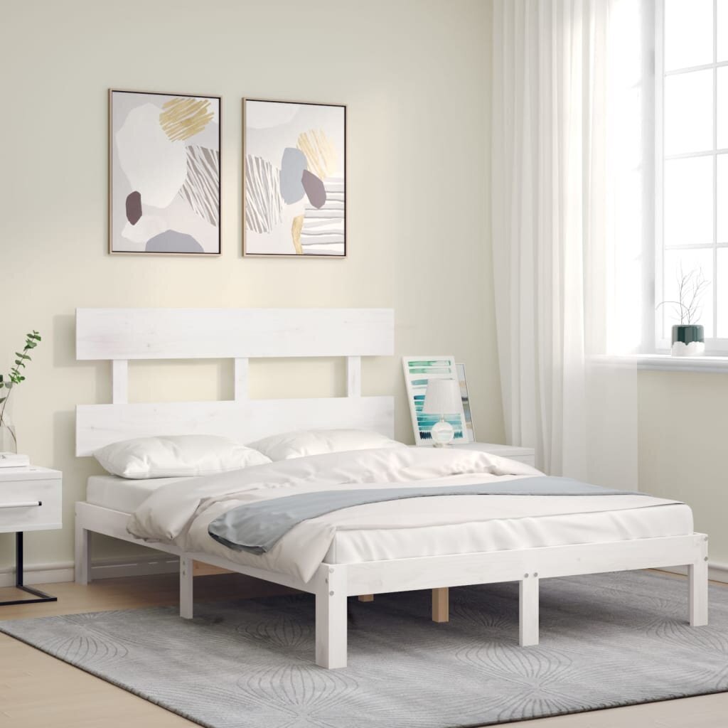 vidaXL gultas rāmis ar galvgali, 120x200 cm, masīvkoks, balts cena un informācija | Gultas | 220.lv