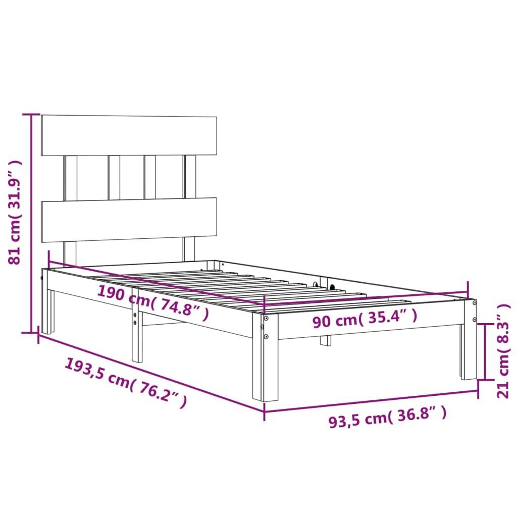 vidaXL gultas rāmis ar galvgali, 3FT, vienvietīgs, masīvkoks, balts цена и информация | Gultas | 220.lv