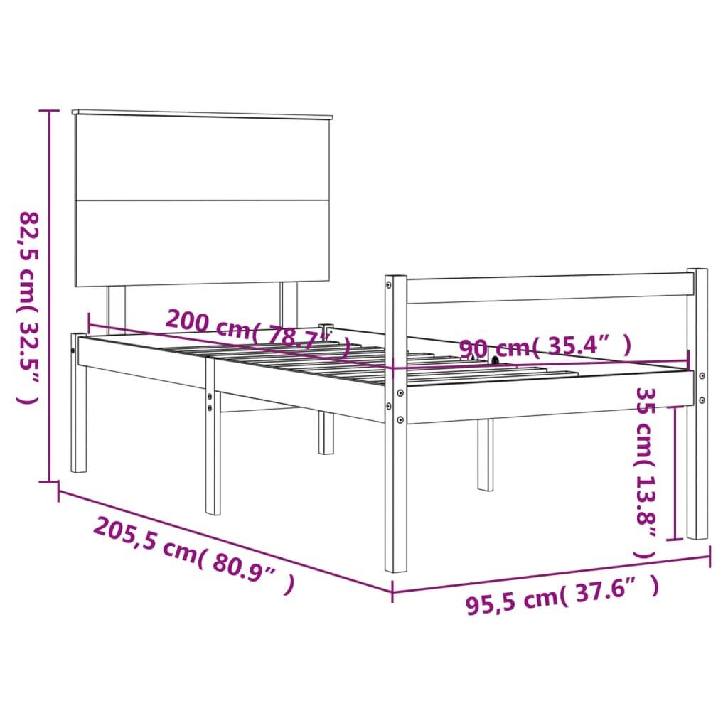 vidaXL gultas rāmis ar galvgali, balts, masīvkoks, 90x200 cm cena un informācija | Gultas | 220.lv