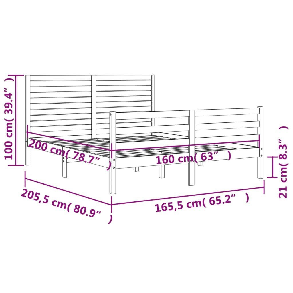 vidaXL gultas rāmis ar galvgali, 160x200 cm, masīvkoks, melns cena un informācija | Gultas | 220.lv