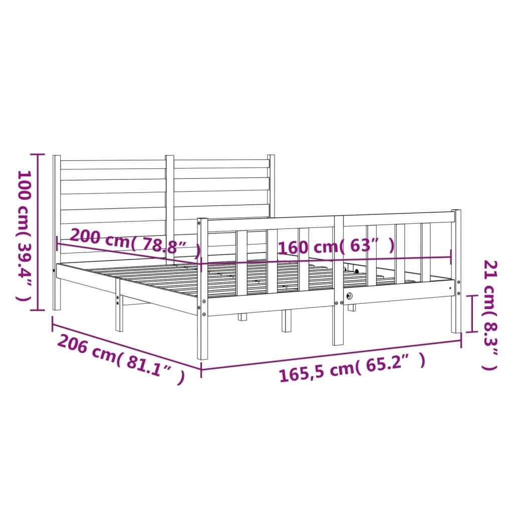 vidaXL gultas rāmis ar galvgali, 160x200 cm, masīvkoks cena un informācija | Gultas | 220.lv