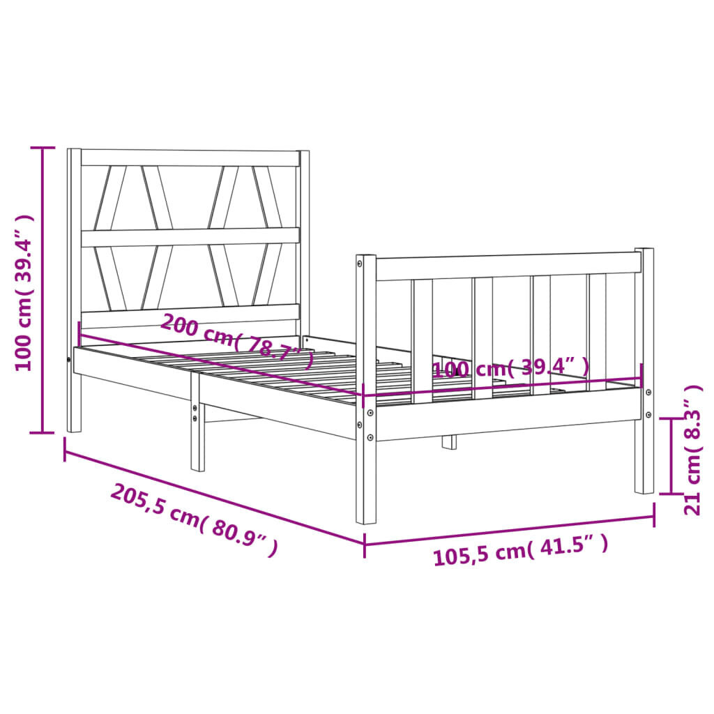 vidaXL gultas rāmis ar galvgali, 100x200 cm, masīvkoks, balts cena un informācija | Gultas | 220.lv